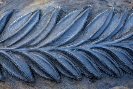 Intricate Frost Patterns on Carved Stone Surfaces Creating Decorative Ice Crystals in Winterの素材