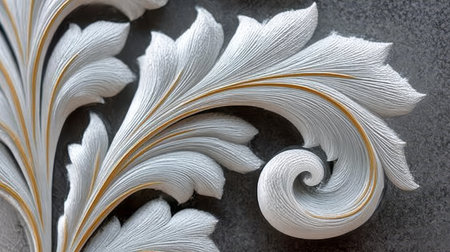 Elegant Ornamental White Plaster Scroll Flourish with Gold Highlights on a Soft Gray Backgroundの素材