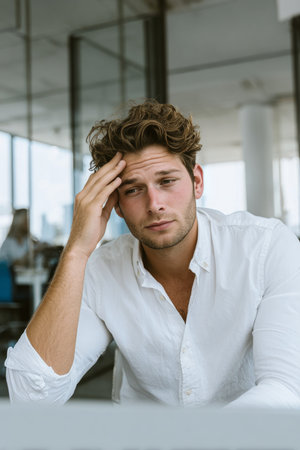 Stressed young white collar worker in modern office overwhelmed by business challenges and worries.の素材