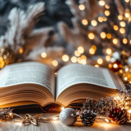 Cozy Holiday Reading Nook with Open Book, Twinkling Lights, and Elegant Christmas Ornamentsの素材