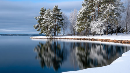 Serene winter wonderland with frosted evergreens, peaceful reflections on the still lake surfaceの素材