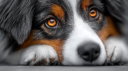 Charming Australian Shepherd Dog with Captivating Gaze Against a Soft Gray Backdrop, Portrait Styleの素材