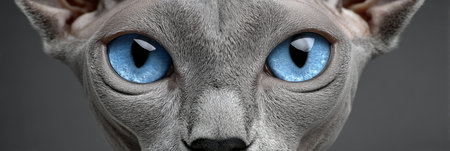 Charming Sphynx Cat Portrait with Unique Features and Expressive Eyes on Grey Backgroundの素材