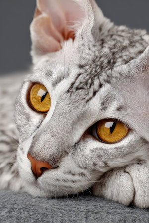 Graceful feline with captivating golden eyes, a charming close-up portrait on a gray background.の素材