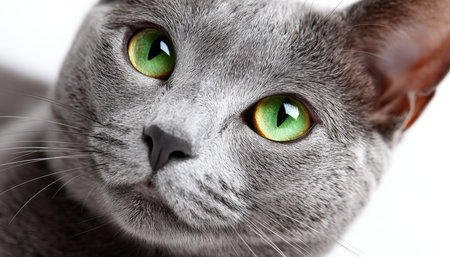 Stunning Russian Blue Cat with Striking Green Eyes Captured in a Studio Setting on White Backgroundの素材