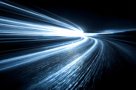 Abstract Motion Speed Light Trails on Dark Highway Background, Dynamic Movement in Night Sceneryの素材