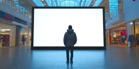 Contemporary Retail Space with Illuminated Blank LED Advertising Screens for Marketing Opportunitiesの素材