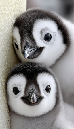 Emperor penguin chicks cuddling together for warmth and safety in the icy Antarctic winter.の素材
