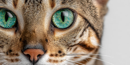 Charming Feline Gaze of a Cat Radiating Curiosity in a Serene White Setting for Editorial Useの素材