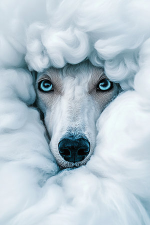 Elegant White Poodle with Beautiful Blue Eyes Posing Among Soft, Fluffy Clouds in Serenityの素材