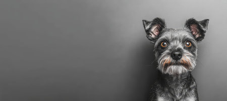 Adorable Schnauzer Portrait with Engaging Eyes and Lovable Expression on Gray Backgroundの素材