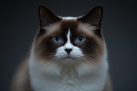 Adorable Ragdoll Cat with Striking Blue Eyes Gazing Thoughtfully Against a Soft Gray Background.の素材