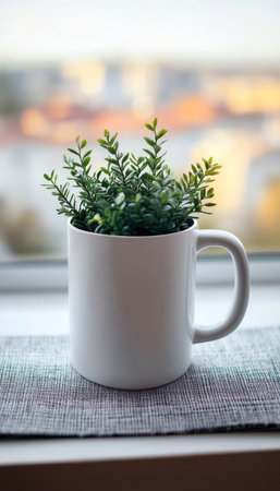 Green Plant Decoration and White Mug on Windowsill Creating a Calm and Serene Indoor Atmosphereの素材