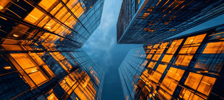 Dynamic Architecture Stunning Low Angle View of Illuminated Glass Skyscrapers Against Night Skyの素材