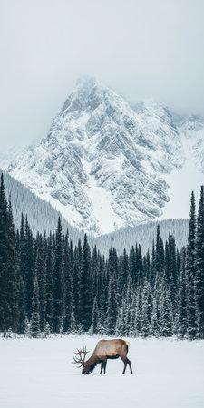 Majestic Elk Grazing in Serene Winter Meadow with Snow-Covered Mountains and Peaceful Forestの素材