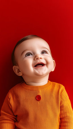 Adorable baby with expressive gaze on a vibrant backdrop, radiating warmth and joy of childhood.の素材