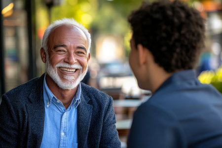 Elderly Business Mentor Coaching Young Entrepreneur in Cafe, Inspiring Growth Through Collaborationの素材