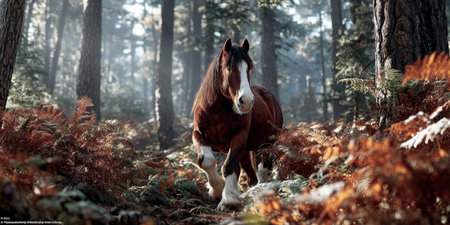Majestic Clydesdale Draft Horse Trots Gracefully Through Colorful Autumn Leaves in a Serene Forestの素材