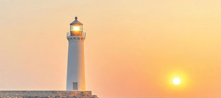 Majestic Coastal Lighthouse Standing Tall at Dusk, Guiding Sailors with its Warm Beacon of Lightの素材