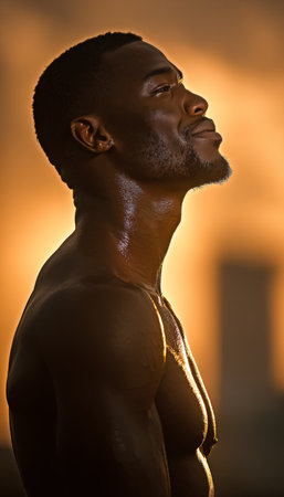 Silhouette of a Strong Dark-Skinned Athlete in Golden Sunrise Light, Symbolizing Strengthの素材