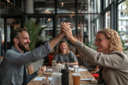 Business Associates Engaging in Friendly Conversation at Desk, Celebrating Team Success Togetherの素材