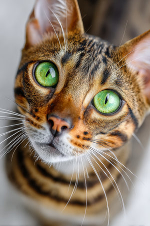 Beautiful Ocicat with Mesmerizing Green Eyes and Unique Coat Patterns on a Soft, Neutral Backgroundの素材