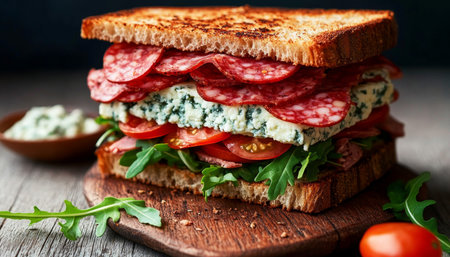 Artisan Layered Gourmet Stacked Sandwich Featuring Salami, Blue Cheese, Arugula, and Fresh Tomatoesの素材