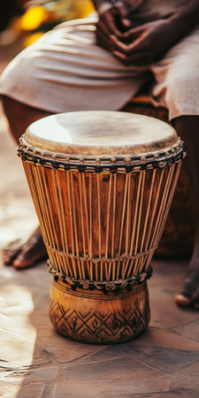 Handcrafted Wooden Ancestral Drum Evoking African Heritage, Celebrating Rhythm and Traditionの素材