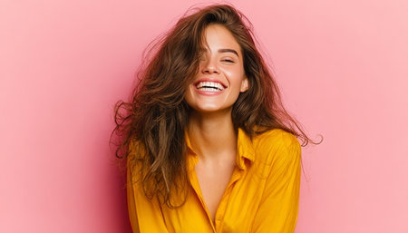 Excited Brunette Girl Poses Creatively for Eye-Catching Advertisement with Joyful Expressionの素材