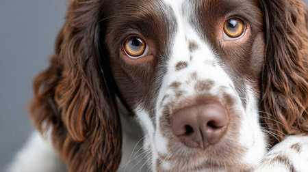 Heartwarming Portrait of a Playful Dog with Soulful Eyes and Curly Ears on Gray Backgroundの素材