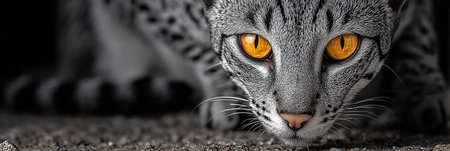 Close-Up of a Captivating Ocicat with Stunning Amber Eyes and Grey Spots on Textured Outdoor Groundの素材
