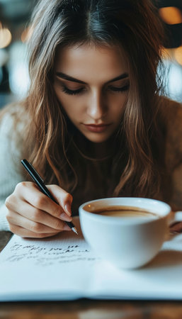 Inspiring Young Woman with a Hot Beverage and Journal, Capturing Dreams and Ideas Thoughtfullyの素材