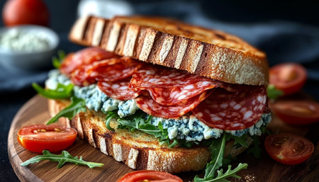 Artisan Sandwich Stack with Salami, Blue Cheese, Arugula, and Fresh Tomatoes on Toasted Breadの素材
