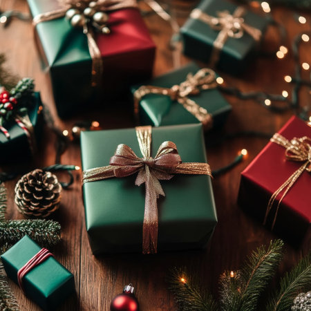 Beautifully Wrapped Holiday Gifts in Forest Green Paper with Rustic Gold Ribbon for Christmas Cheerの素材