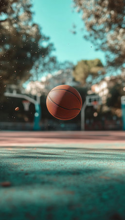 Dynamic Action Shot of a Bright Orange Basketball Suspended in Mid-Air Just Above the Court Surfaceの素材