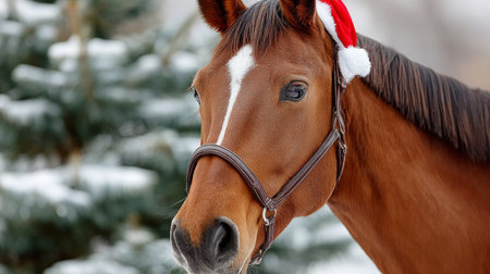 Joyful Chestnut Horse Wearing a Cute Mini Santa Hat in a Snowy Christmas Scene with Pine Treesの素材