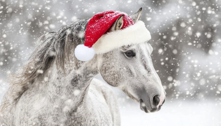 A Majestic Grey Horse in a Holiday Santa Hat, Embracing the Winter Wonderland Spirit of Christmasの素材