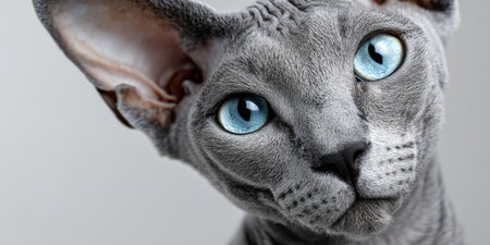 Charming Cornish Rex Cat Portrait with Striking Eyes and Adorable Expression in Natural Lightの素材