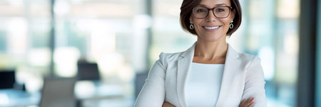 Confident Middle Aged Entrepreneur in Office, Smiling Friendly, Executive Leadership Portrait Imageの素材