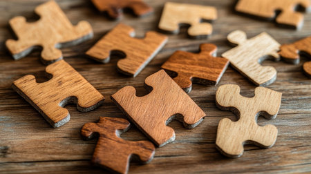 Colorful Wooden Puzzle Pieces Dispersed on a Tabletop, Evoking Creativity and Problem-Solving Funの素材