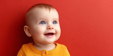 Charming baby boy with captivating eyes and joyful smile playing on a vibrant red backdrop.の素材