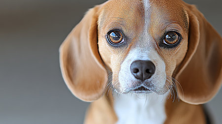 Charming Young Beagle Portrait with Expressive Brown Eyes and Cute Face on Gray Studio Backgroundの素材