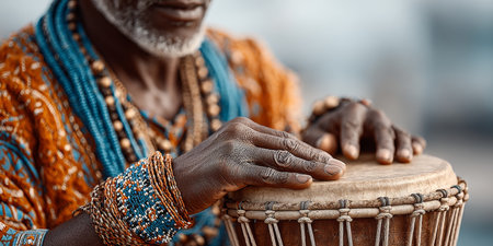 Close Up of Skilled Drummer Playing Traditional African Djembe, Celebrating Cultural Rhythmsの素材