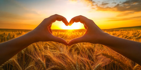 Heart-Shaped Hands Embrace Love and Hope at Sunset Over a Golden Ripe Field of Dreamsの素材