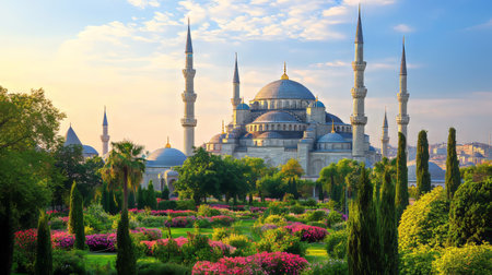 Stunning Sunset Over Istanbul s Blue Mosque with Colorful Gardens and City Silhouette in Backgroundの素材