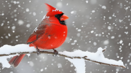Bright Cardinal Songbird Perched on Snowy Branches, Showcasing Its Vibrant Red Feathers in Winterの素材