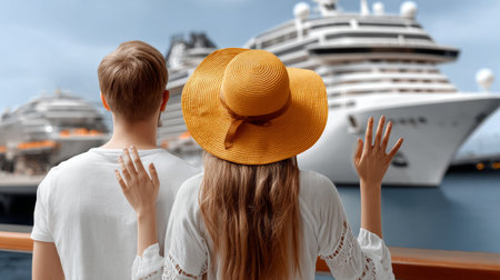 Young People Excitedly Observing Scenic Cruise Ship Departures on Travel Days by the Coastlineの素材