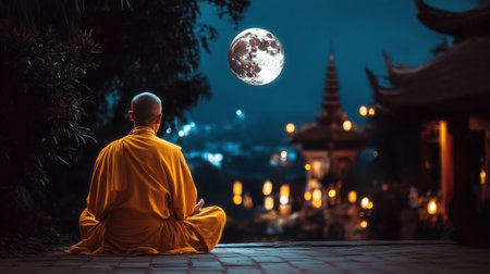 A Tranquil Monk Meditating Under the Moonlight, Embracing Peace in a Serene Asian Nightscapeの素材