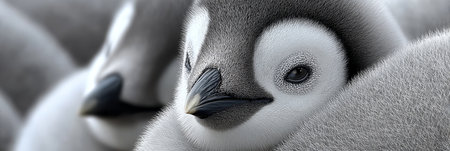 Adorable Emperor Penguin Chicks Huddling Together for Warmth and Safety in Frigid Antarctica Winterの素材