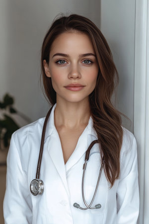 Caring Female Doctor with Stethoscope in Clinic Environment, Promoting Trust and Professionalismの素材